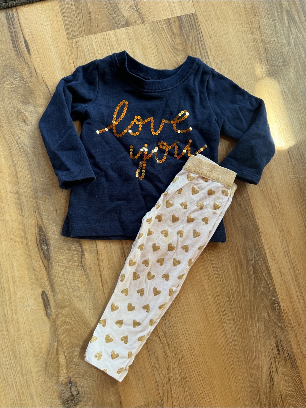 Navy "Love You" Sequin Top with Gold Heart Leggings Set
